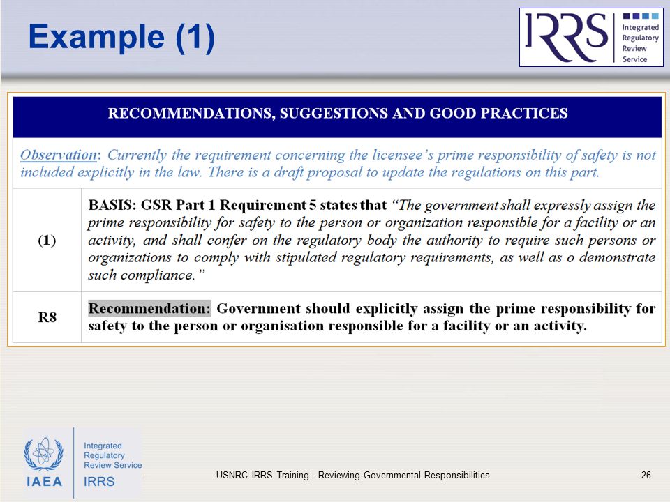 IAEA Example (1) USNRC IRRS Training - Reviewing Governmental Responsibilities26