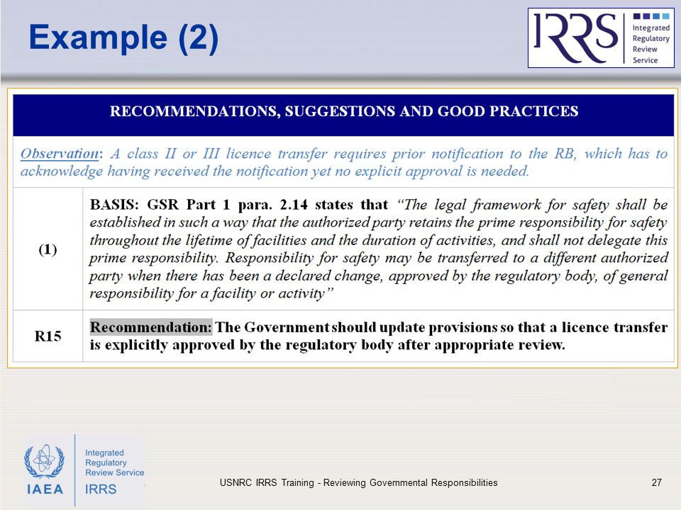 IAEA Example (2) USNRC IRRS Training - Reviewing Governmental Responsibilities27