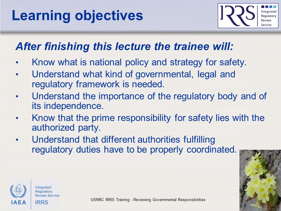 IAEA Learning objectives After finishing this lecture the trainee will: Know what is national policy and strategy for safety.