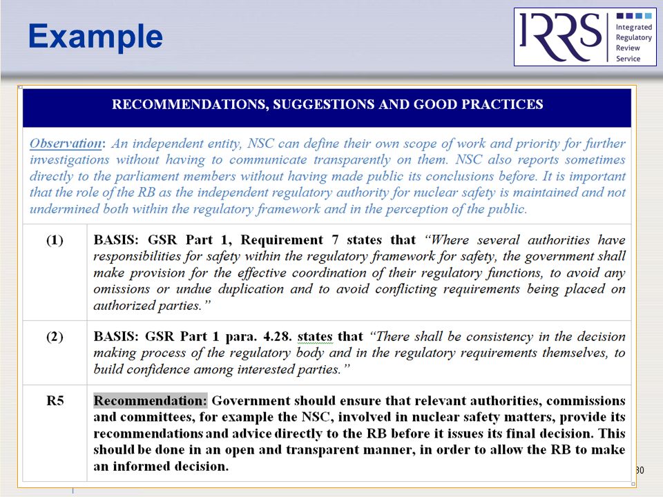 IAEA Example USNRC IRRS Training - Reviewing Governmental Responsibilities30