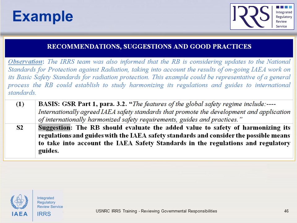 IAEA Example USNRC IRRS Training - Reviewing Governmental Responsibilities46