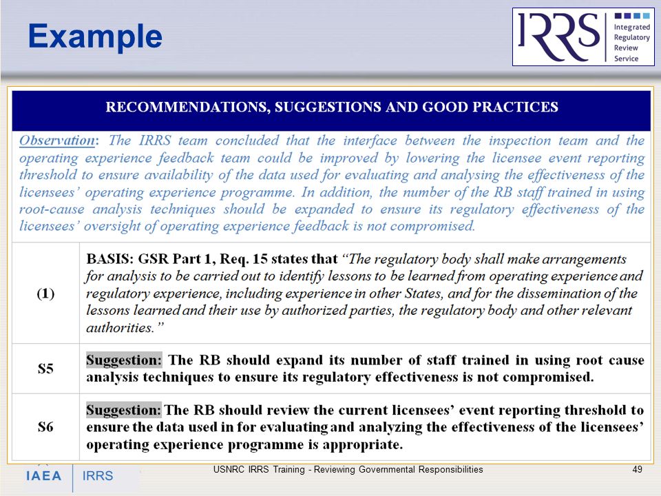 IAEA Example USNRC IRRS Training - Reviewing Governmental Responsibilities49