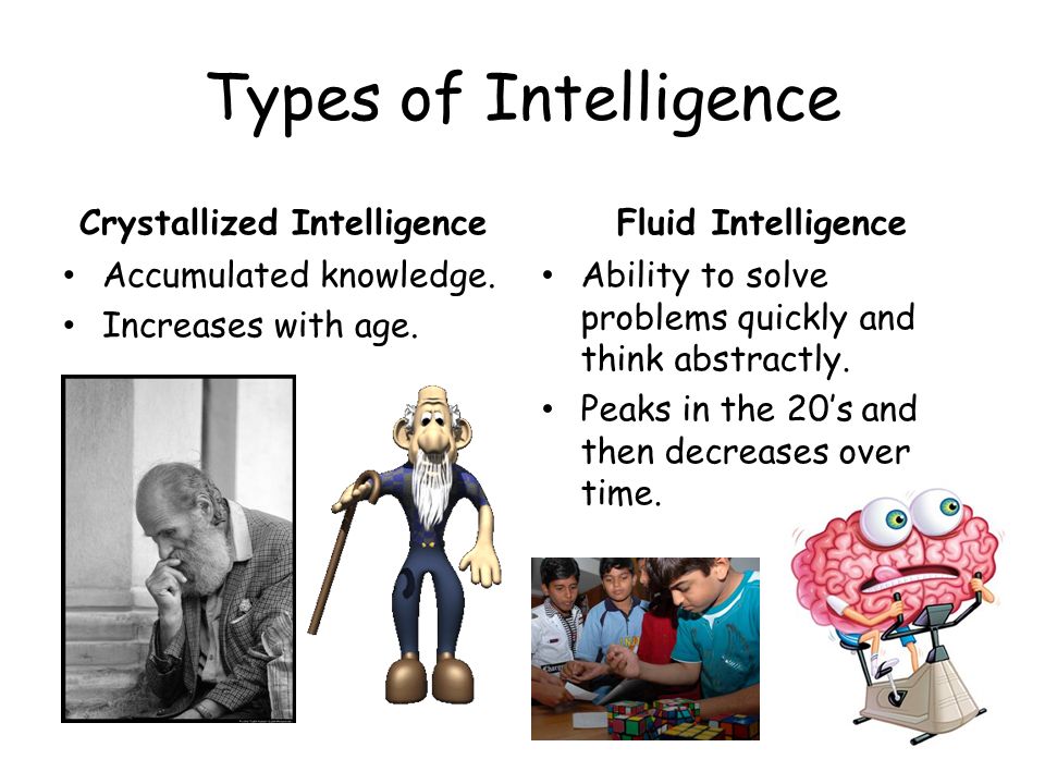 Types of Intelligence Crystallized Intelligence Accumulated knowledge.