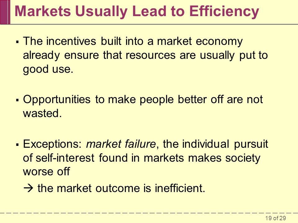 19 of 29 Markets Usually Lead to Efficiency  The incentives built into a market economy already ensure that resources are usually put to good use.