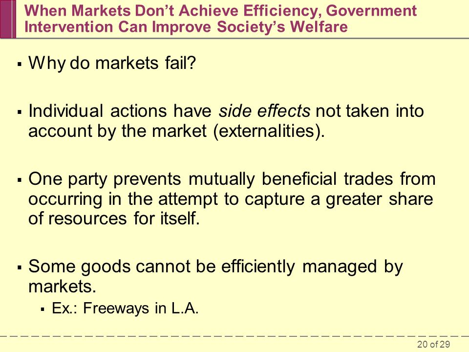 20 of 29 When Markets Don’t Achieve Efficiency, Government Intervention Can Improve Society’s Welfare  Why do markets fail.