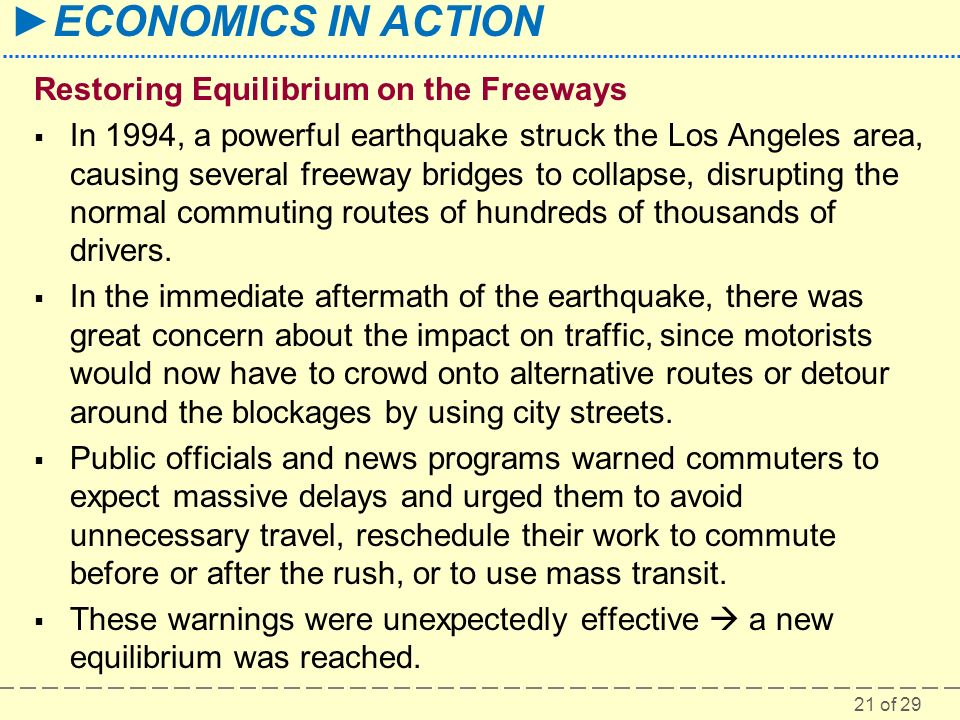 21 of 29 ►ECONOMICS IN ACTION Restoring Equilibrium on the Freeways  In 1994, a powerful earthquake struck the Los Angeles area, causing several freeway bridges to collapse, disrupting the normal commuting routes of hundreds of thousands of drivers.