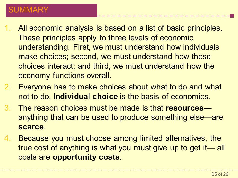 25 of 29 SUMMARY 1.All economic analysis is based on a list of basic principles.