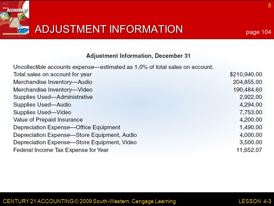 CENTURY 21 ACCOUNTING © 2009 South-Western, Cengage Learning 8 LESSON 4-3 ADJUSTMENT INFORMATION page 104