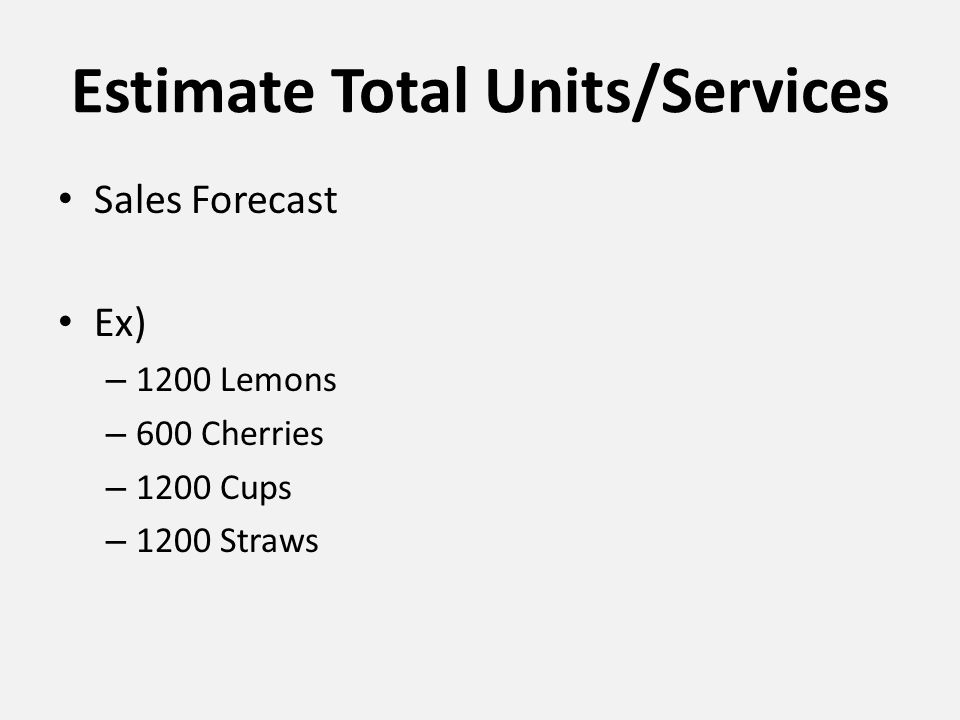 Estimate Total Units/Services Sales Forecast Ex) – 1200 Lemons – 600 Cherries – 1200 Cups – 1200 Straws