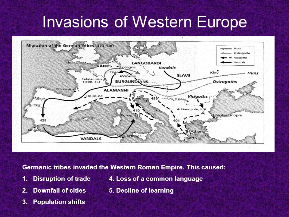Invasions of Western Europe Germanic tribes invaded the Western Roman Empire.
