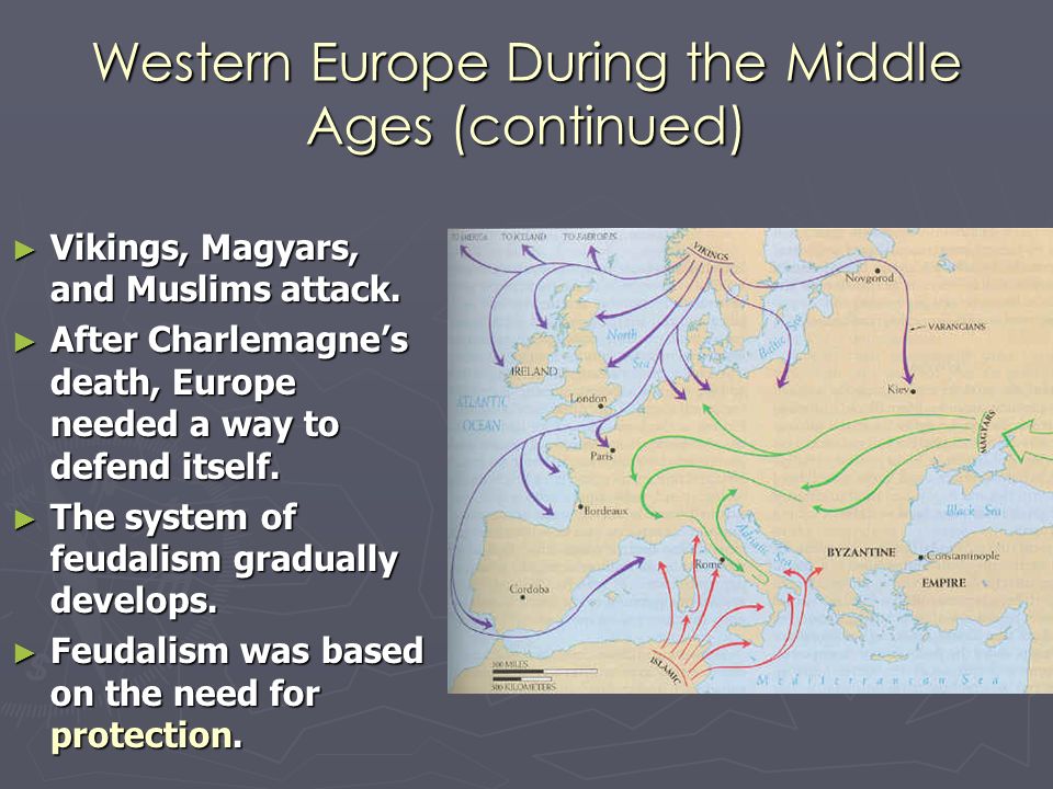 Western Europe During the Middle Ages (continued) ► Vikings, Magyars, and Muslims attack.