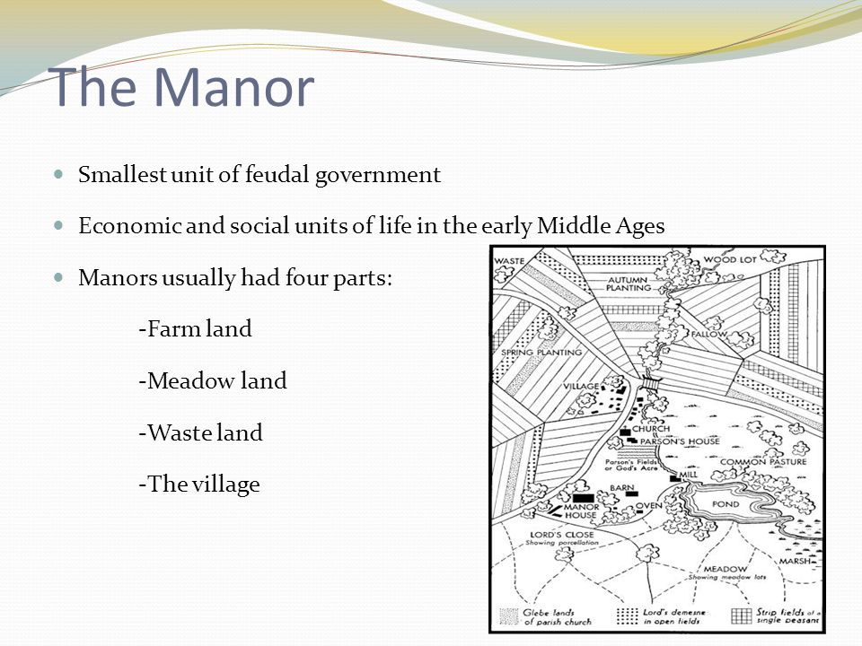 The Manor Smallest unit of feudal government Economic and social units of life in the early Middle Ages Manors usually had four parts: -Farm land -Meadow land -Waste land -The village