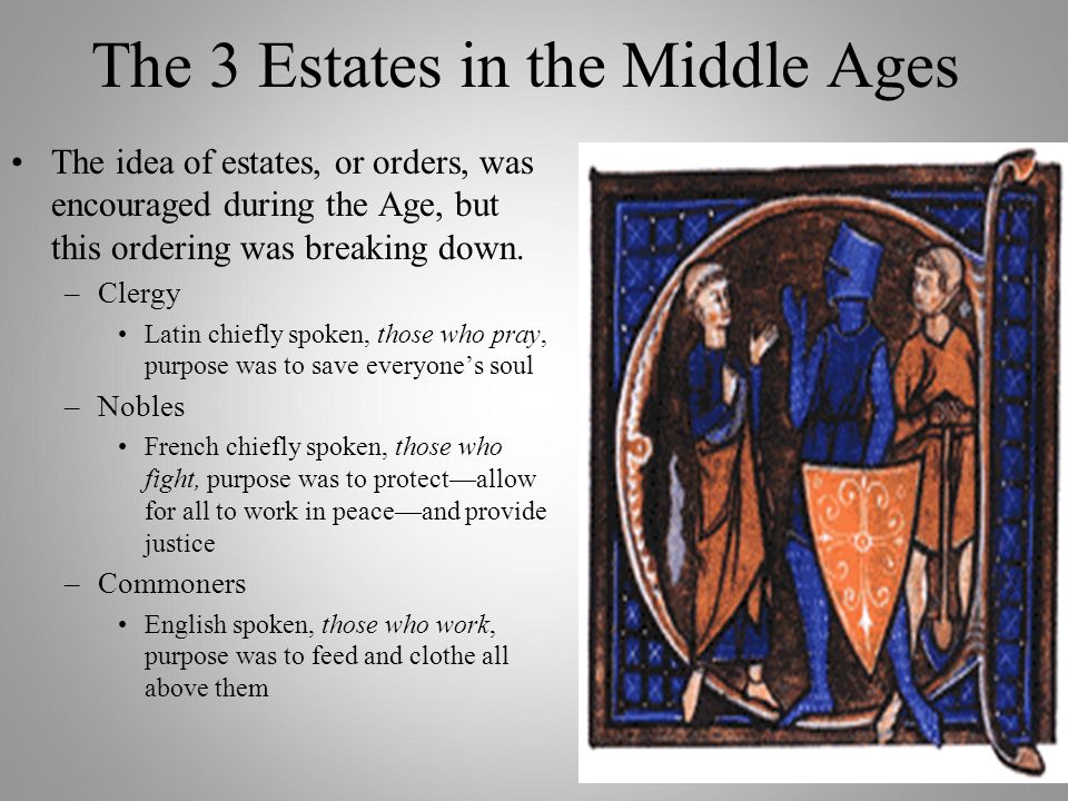 The 3 Estates in the Middle Ages The idea of estates, or orders, was encouraged during the Age, but this ordering was breaking down.