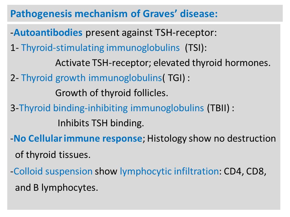 Pathogenesis mechanism of Graves’ disease: -Autoantibodies present against TSH-receptor: 1- Thyroid-stimulating immunoglobulins (TSI): Activate TSH-receptor; elevated thyroid hormones.