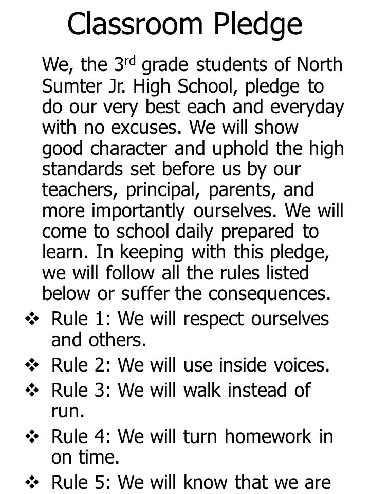Classroom Pledge We, the 3 rd grade students of North Sumter Jr.