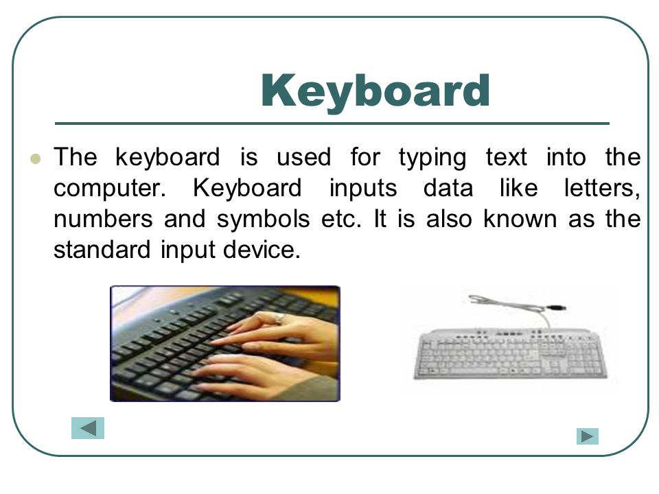 Keyboard The keyboard is used for typing text into the computer.