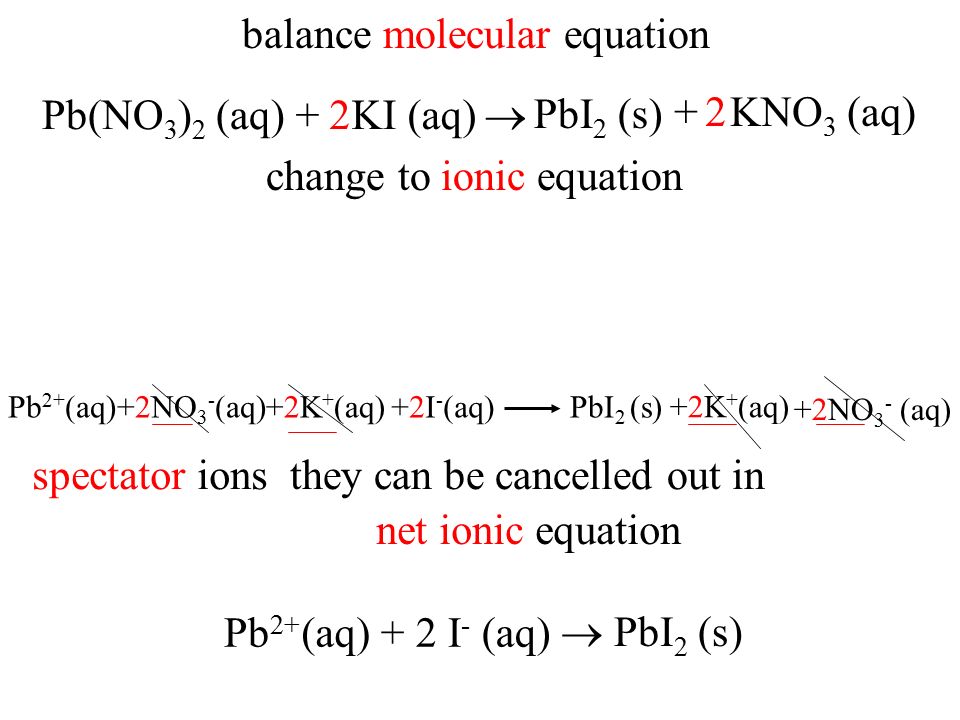 Pb(NO 3 ) 2 (aq)+ KI (aq) balance molecular equation  PbI 2 (s) + KNO 3 (aq)2 2 change to ionic equation 1.