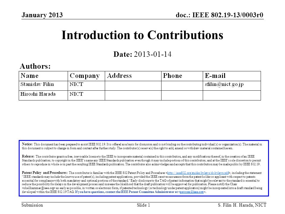 doc.: IEEE /0003r0 Submission January 2013 S.