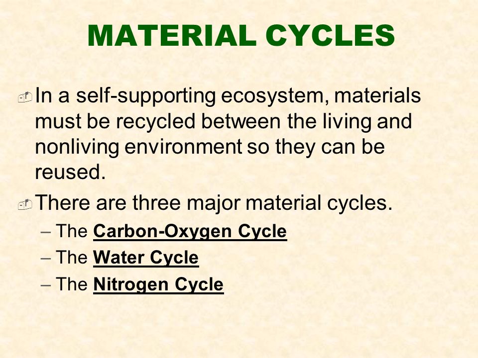 MATERIAL CYCLES  In a self-supporting ecosystem, materials must be recycled between the living and nonliving environment so they can be reused.