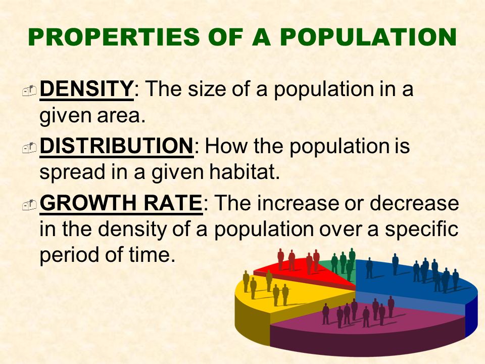 PROPERTIES OF A POPULATION  DENSITY: The size of a population in a given area.