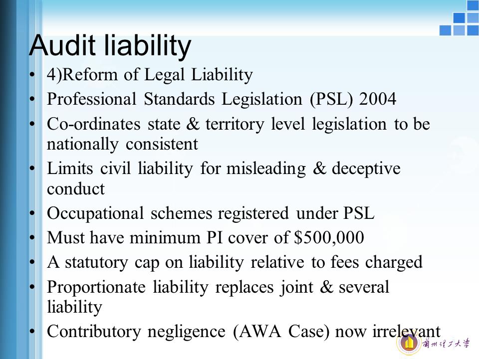 auditor liability An auditor’s liability for general negligence in the conduct of an audit of its client financial statements is confined to duties and liabilities of accountants. auditor liability An auditor’s liability for general negligence in the conduct of an audit of its client financial statements is confined to duties and liabilities of accountants.