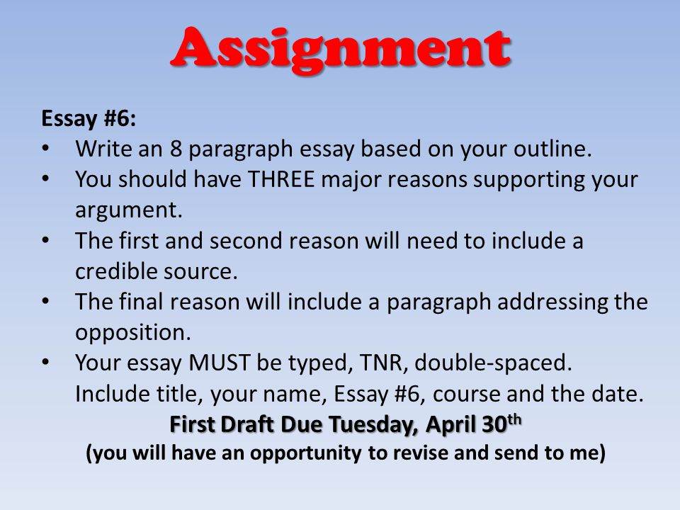 Assignment Essay #6: Write an 8 paragraph essay based on your outline.