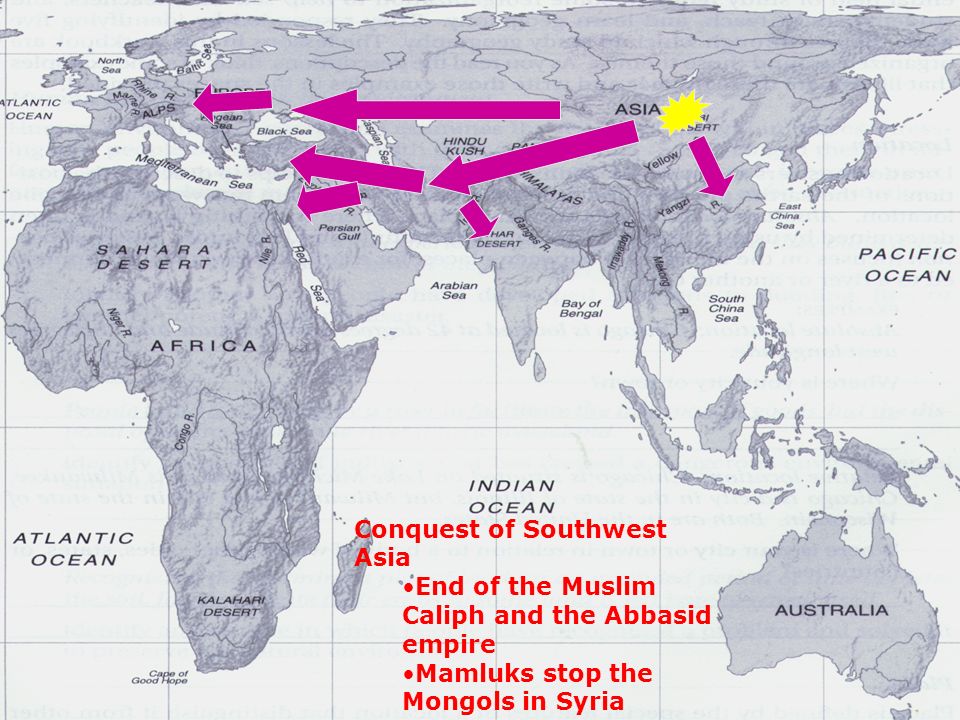 Conquest of Southwest Asia End of the Muslim Caliph and the Abbasid empire Mamluks stop the Mongols in Syria
