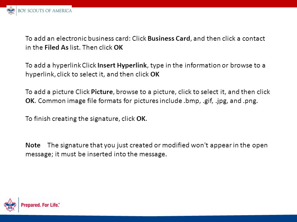 To add an electronic business card: Click Business Card, and then click a contact in the Filed As list.