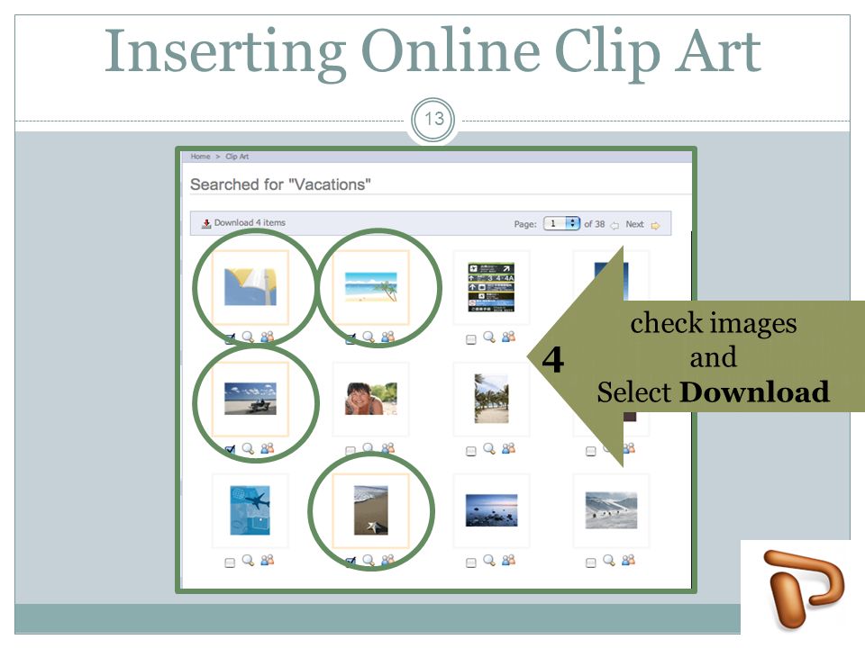 Inserting Online Clip Art 1 check images and Select Download 4 13
