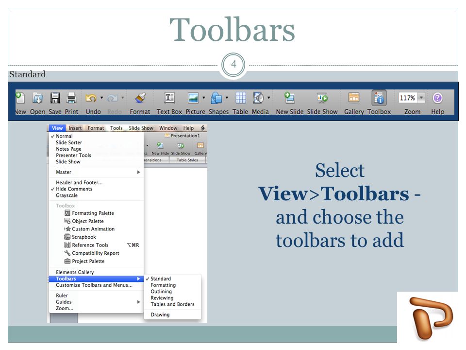 Select View>Toolbars - and choose the toolbars to add Toolbars 4 Standard
