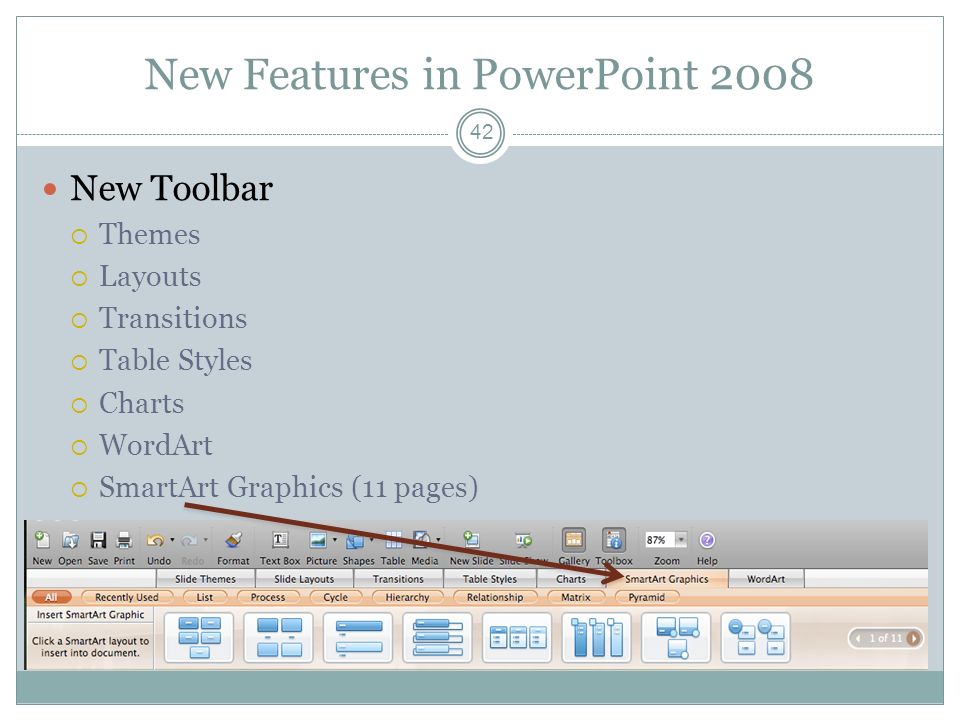 New Features in PowerPoint 2008 New Toolbar  Themes  Layouts  Transitions  Table Styles  Charts  WordArt  SmartArt Graphics (11 pages) 42