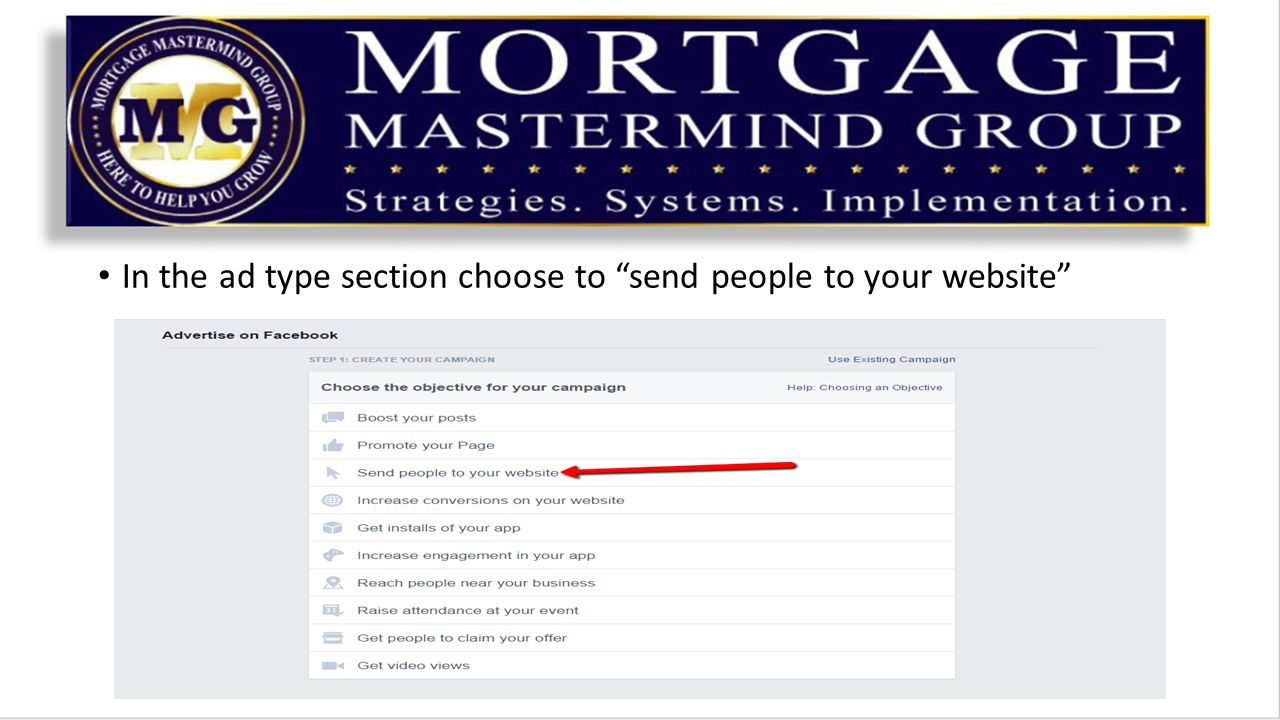 In the ad type section choose to send people to your website