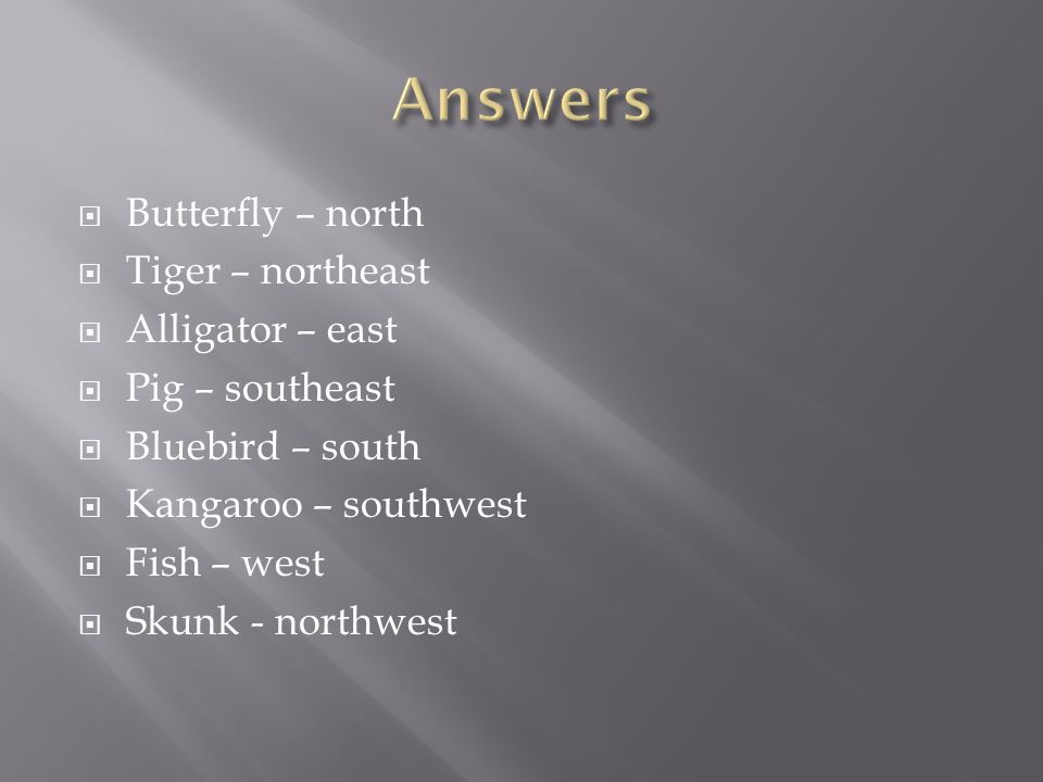  Butterfly – north  Tiger – northeast  Alligator – east  Pig – southeast  Bluebird – south  Kangaroo – southwest  Fish – west  Skunk - northwest