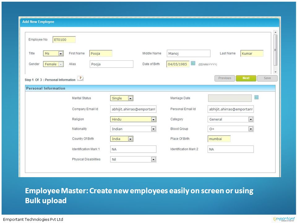 Emportant Technologies Pvt Ltd Employee Master: Create new employees easily on screen or using Bulk upload