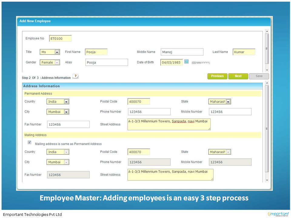 Emportant Technologies Pvt Ltd Employee Master: Adding employees is an easy 3 step process