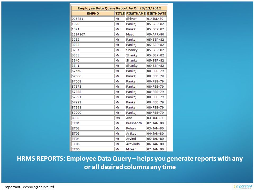 Emportant Technologies Pvt Ltd HRMS REPORTS: Employee Data Query – helps you generate reports with any or all desired columns any time