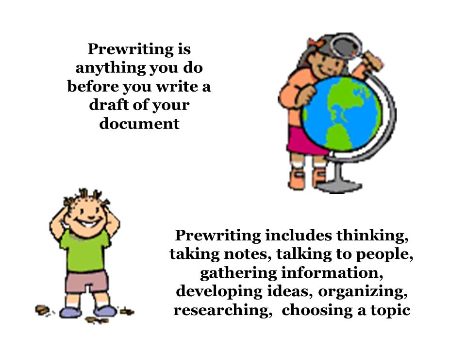 Prewriting is anything you do before you write a draft of your document Prewriting includes thinking, taking notes, talking to people, gathering information, developing ideas, organizing, researching, choosing a topic