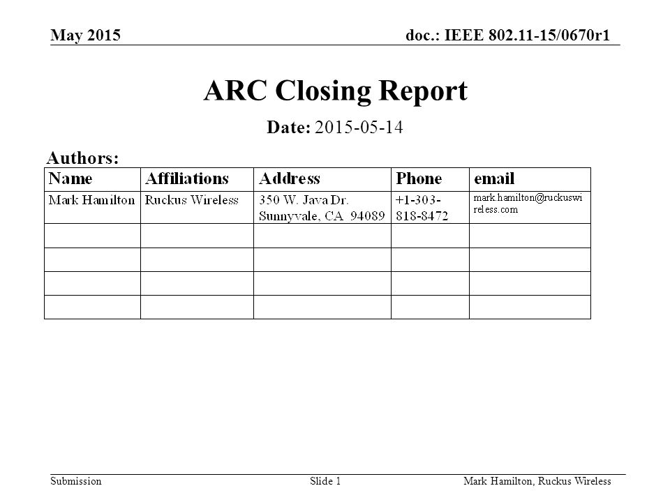 May 2015doc.: IEEE /0670r1 SubmissionSlide 1Mark Hamilton, Ruckus Wireless ARC Closing Report Date: Authors: