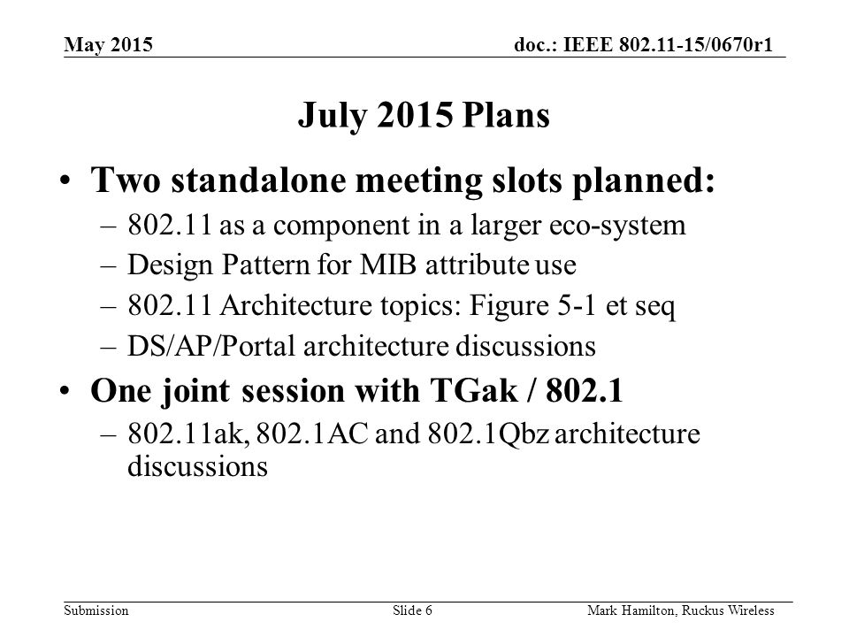 May 2015doc.: IEEE /0670r1 SubmissionSlide 6Mark Hamilton, Ruckus Wireless July 2015 Plans Two standalone meeting slots planned: – as a component in a larger eco-system –Design Pattern for MIB attribute use – Architecture topics: Figure 5-1 et seq –DS/AP/Portal architecture discussions One joint session with TGak / –802.11ak, 802.1AC and 802.1Qbz architecture discussions