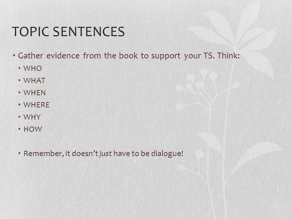TOPIC SENTENCES Gather evidence from the book to support your TS.