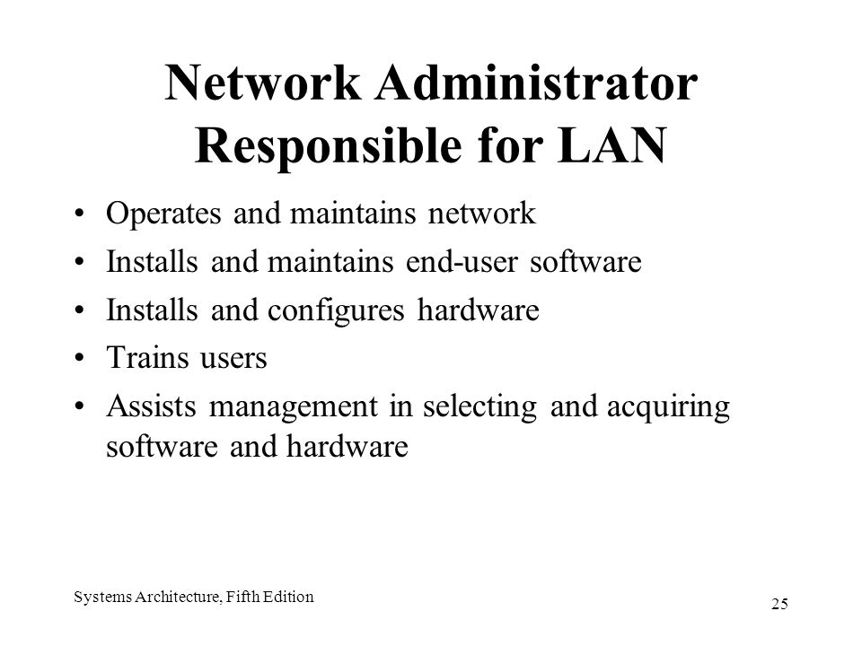 25 Systems Architecture, Fifth Edition Network Administrator Responsible for LAN Operates and maintains network Installs and maintains end-user software Installs and configures hardware Trains users Assists management in selecting and acquiring software and hardware