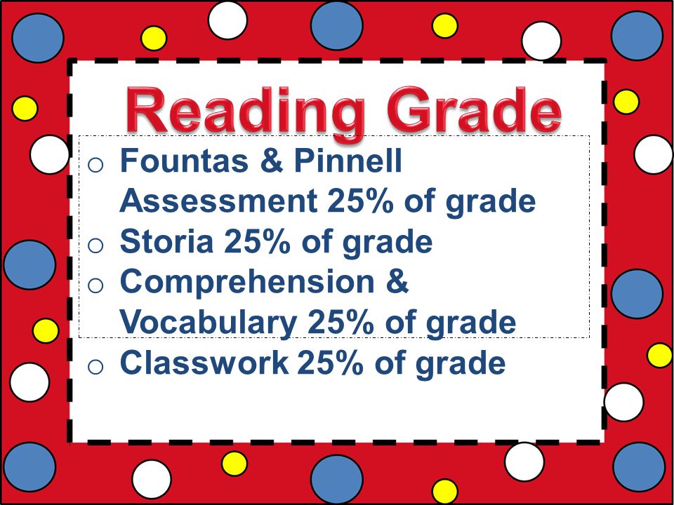 o Fountas & Pinnell Assessment 25% of grade o Storia 25% of grade o Comprehension & Vocabulary 25% of grade o Classwork 25% of grade