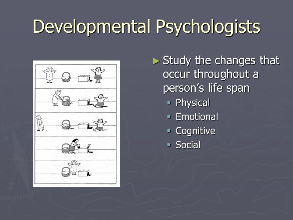 Developmental Psychologists ► Study the changes that occur throughout a person’s life span  Physical  Emotional  Cognitive  Social