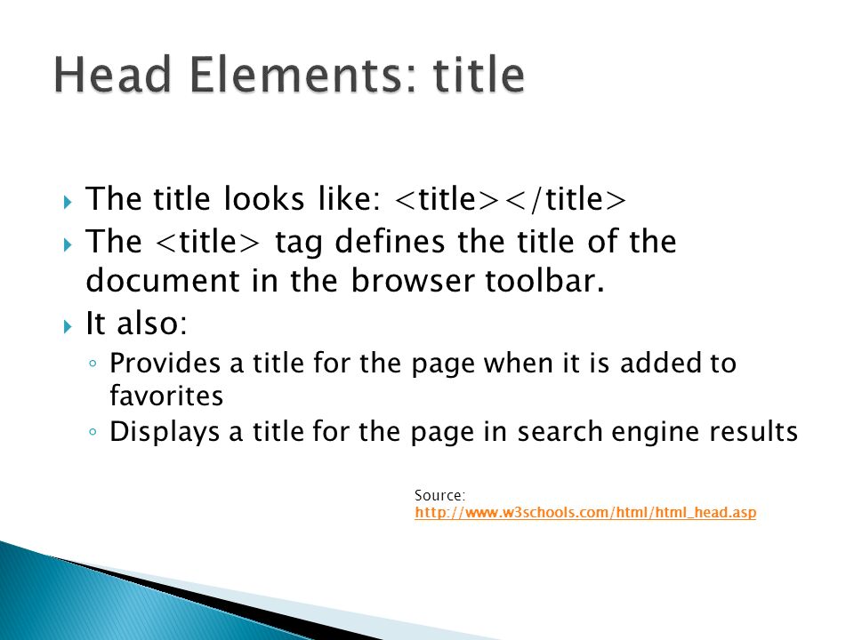  The title looks like:  The tag defines the title of the document in the browser toolbar.