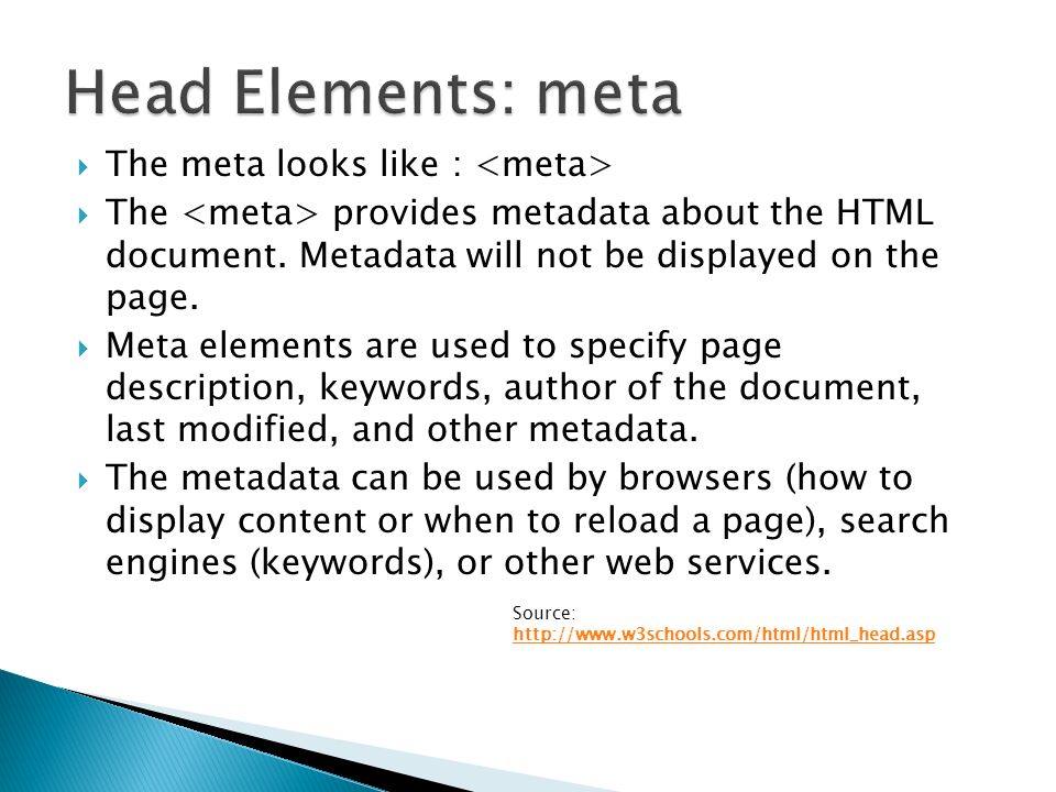  The meta looks like :  The provides metadata about the HTML document.