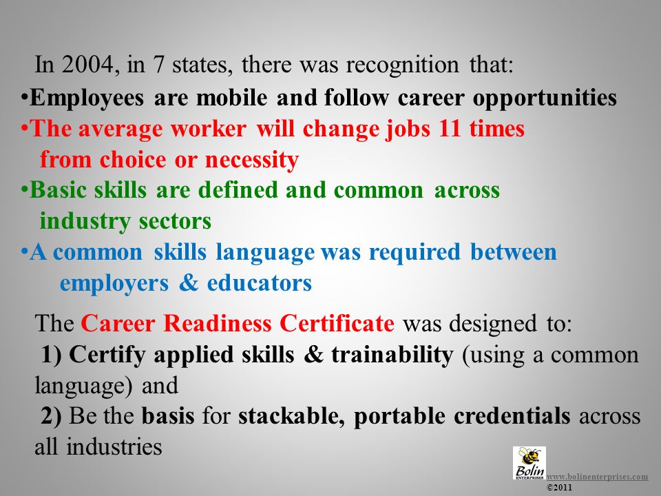 The Career Readiness Certificate was designed to: 1) Certify applied skills & trainability (using a common language) and 2) Be the basis for stackable, portable credentials across all industries   ©2011 Employees are mobile and follow career opportunities The average worker will change jobs 11 times from choice or necessity Basic skills are defined and common across industry sectors A common skills language was required between employers & educators In 2004, in 7 states, there was recognition that: