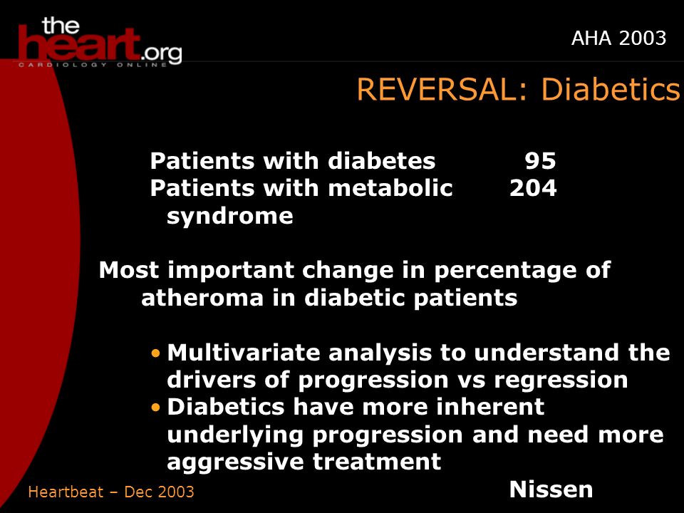 Heartbeat – Dec 2003 AHA 2003 REVERSAL: Diabetics Patients with diabetes 95 Patients with metabolic204 syndrome Most important change in percentage of atheroma in diabetic patients Multivariate analysis to understand the drivers of progression vs regression Diabetics have more inherent underlying progression and need more aggressive treatment Nissen