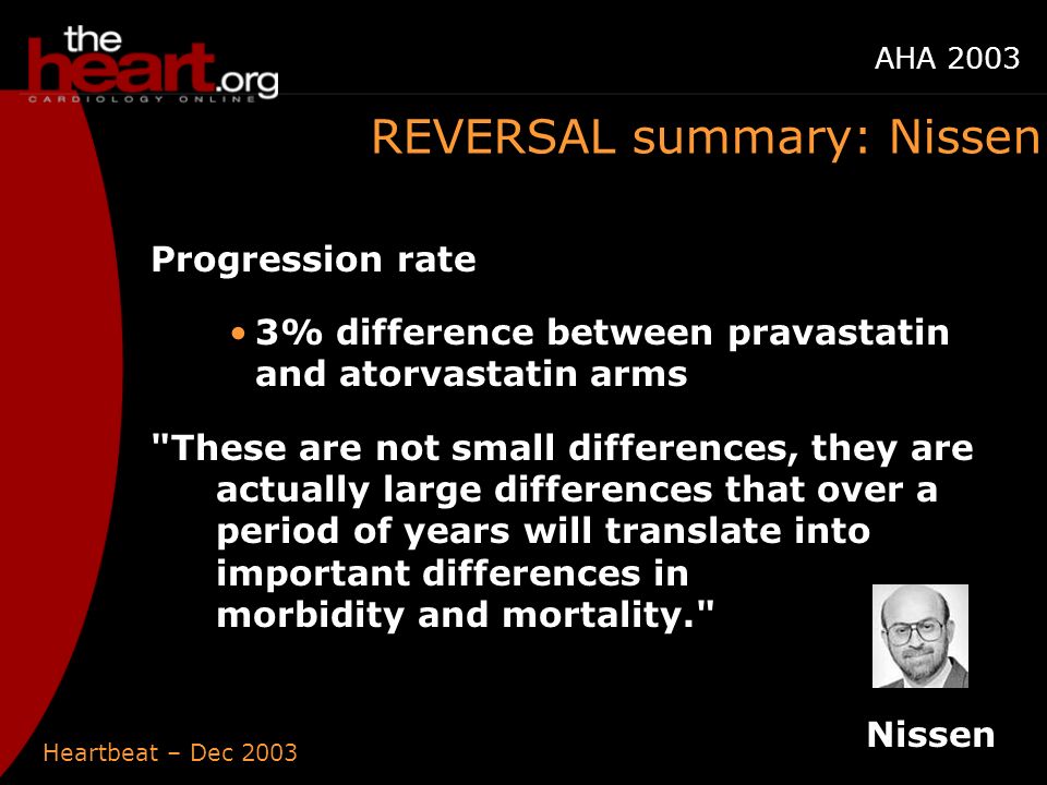 Heartbeat – Dec 2003 AHA 2003 REVERSAL summary: Nissen Nissen Progression rate 3% difference between pravastatin and atorvastatin arms These are not small differences, they are actually large differences that over a period of years will translate into important differences in morbidity and mortality.