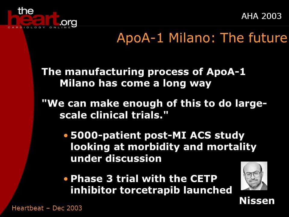 Heartbeat – Dec 2003 AHA 2003 ApoA-1 Milano: The future The manufacturing process of ApoA-1 Milano has come a long way We can make enough of this to do large- scale clinical trials patient post-MI ACS study looking at morbidity and mortality under discussion Phase 3 trial with the CETP inhibitor torcetrapib launched Nissen