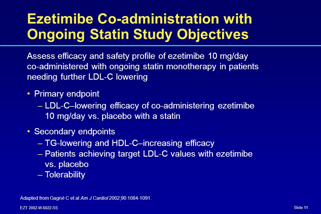 Slide 11 EZT 2002-W-6022-SS Ezetimibe Co-administration with Ongoing Statin Study Objectives Adapted from Gagné C et al Am J Cardiol 2002;90: